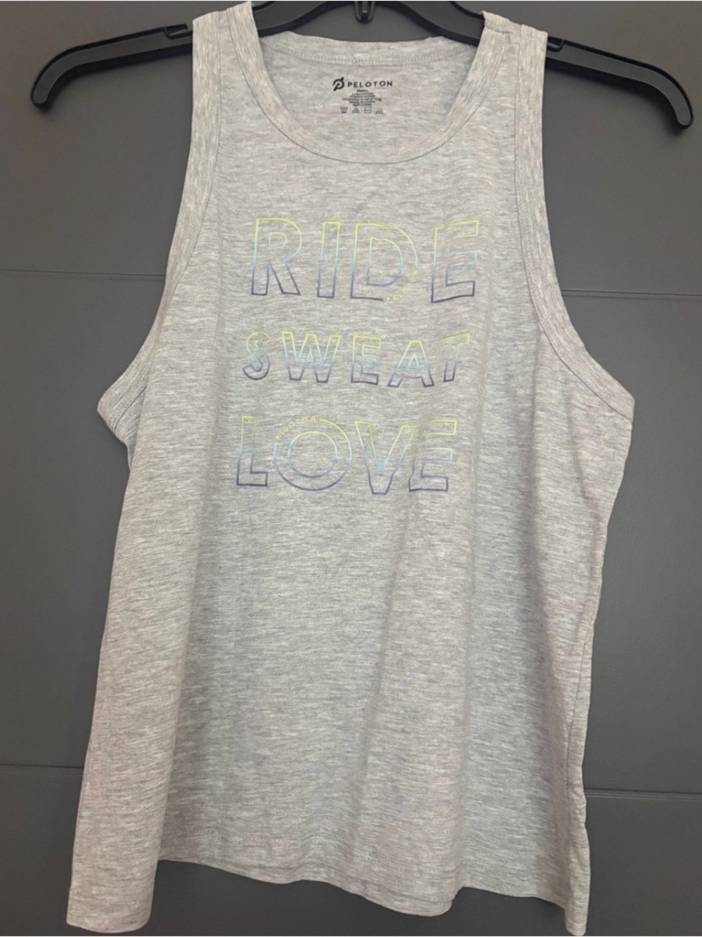 Peloton Light Gray Tank with Multicolor Outline 'RIDE SWEAT LOVE'